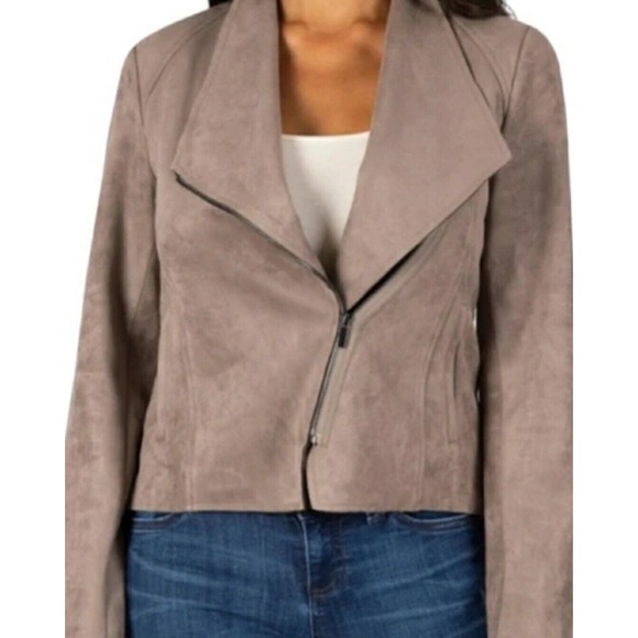 KUT from the Kloth Faux Suede Moto Jacket Women's Large Taupe Asymmetrical Zip - Picture 11 of 11